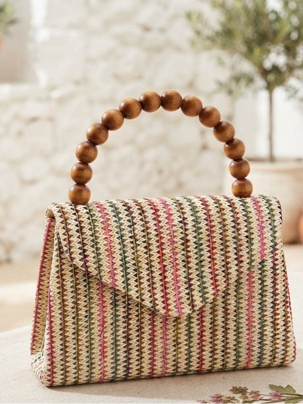 Colorful Woven Straw Crossbody Clutch with Wood Beaded Handle